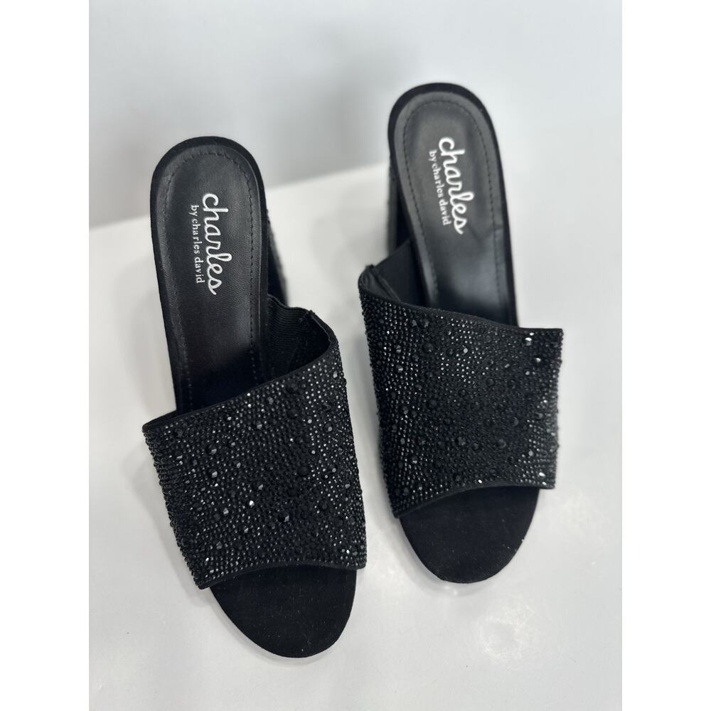 Charles by Charles David Reveal Black Rhinestone Block Heel Mule Sandal Size 7.5